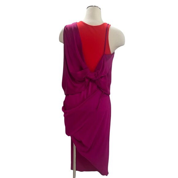 Atlein Draped Two Tone Silk Blend Dress Fuchsia Red Sleeveless Made In Italy - Picture 12 of 13